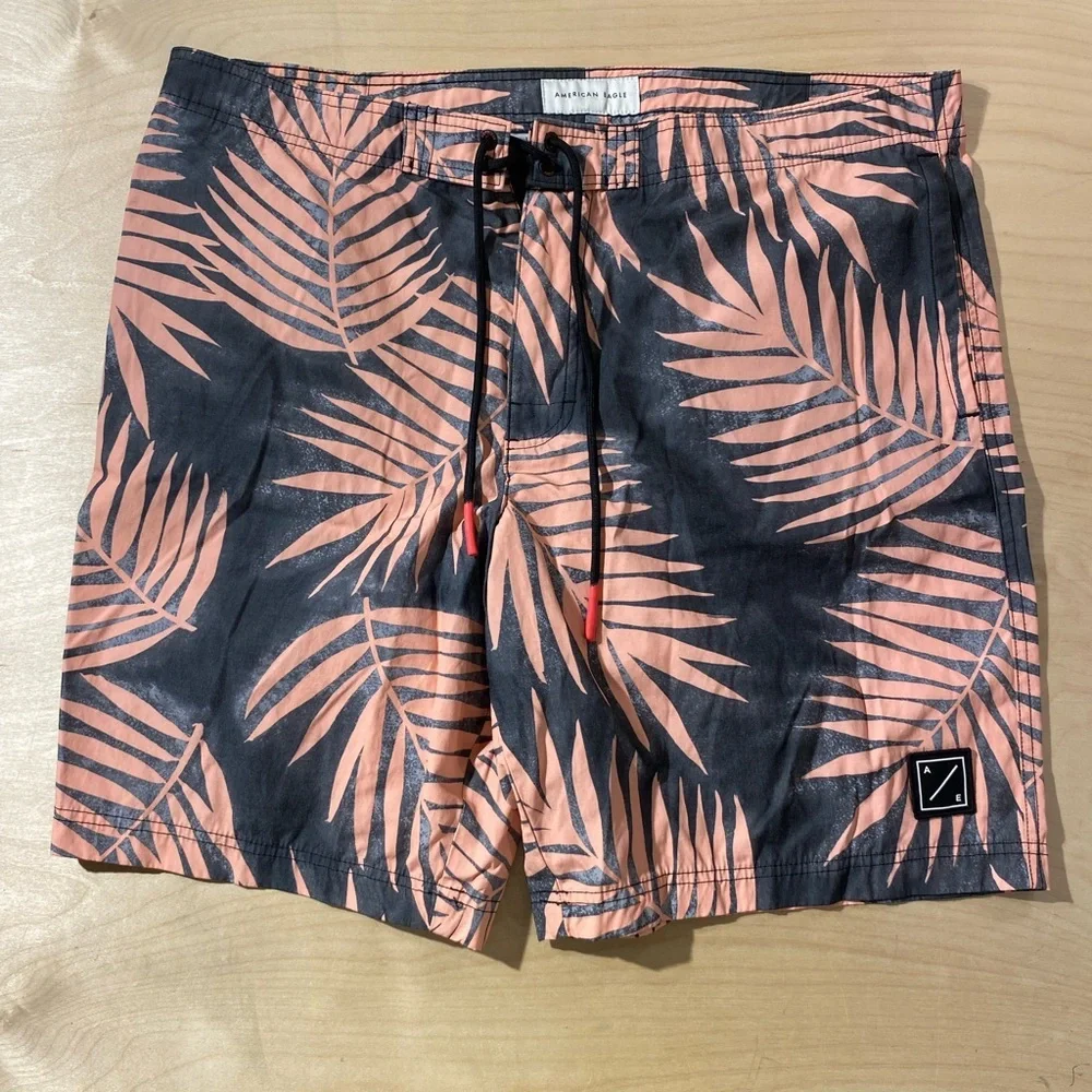 American Eagle Outfitters Black and Peach Patterned Swim Trunks XL (OF)